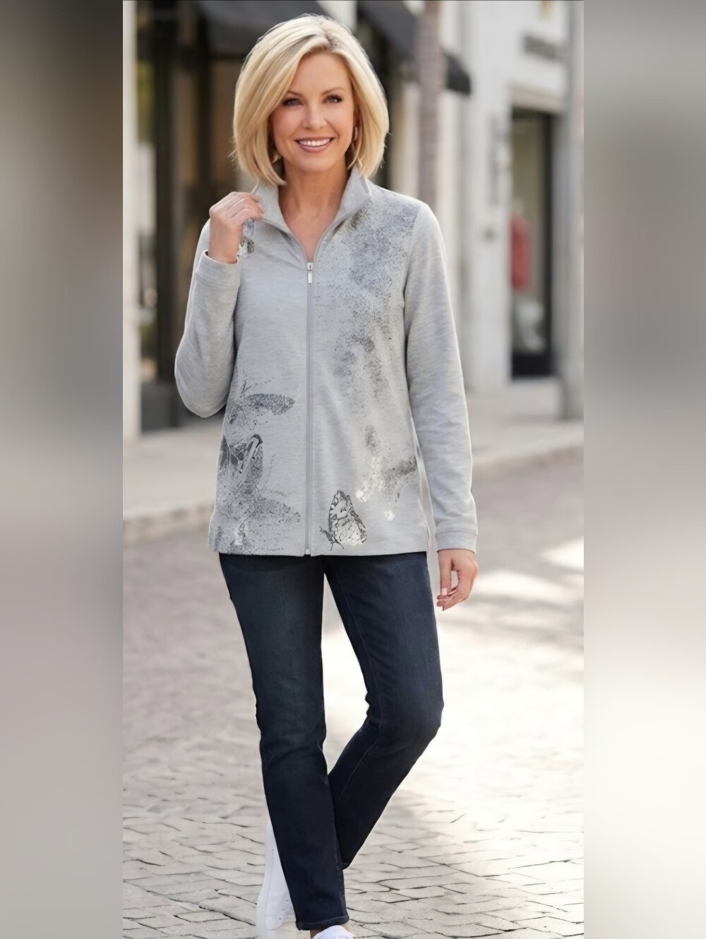 Light Gray Zip-Front Women's Top with Subtle Print
